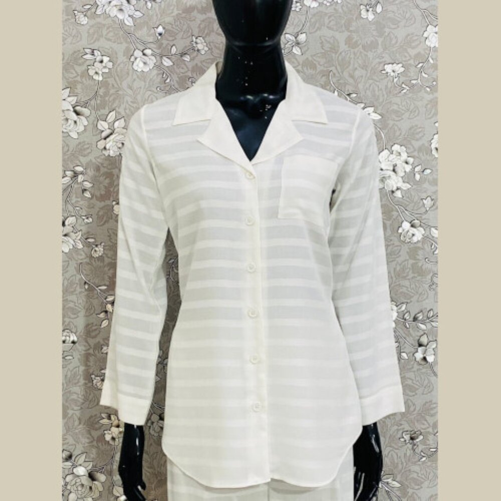 SoieRose Women's 100% Cotton White Self-Stripe Pajama Set - SR-1067 - Picture 4 of 4